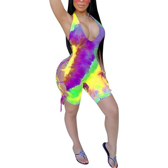 Women's XL Rainbow Tie Dye Sexy Halter Backless Deep V Neck Bodycon Rompers - Picture 2 of 10